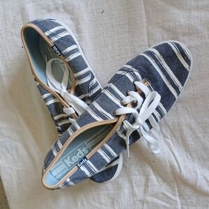 Keds Women's Champion Striped Casual Sneakers, gray stripe, tan trim,  7.5
